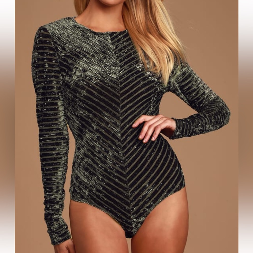 Save the Date Olive Green Velvet Striped
Long Sleeve Bodysuit